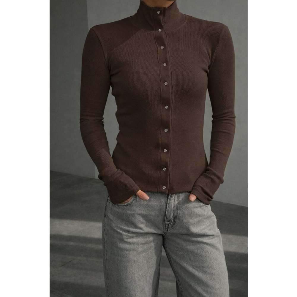 Çıtçıt Kapamalı Boğazlı Kaşkorse Bluz - KAHVERENGİ - S - ST00637-KAHVERENGİ-S