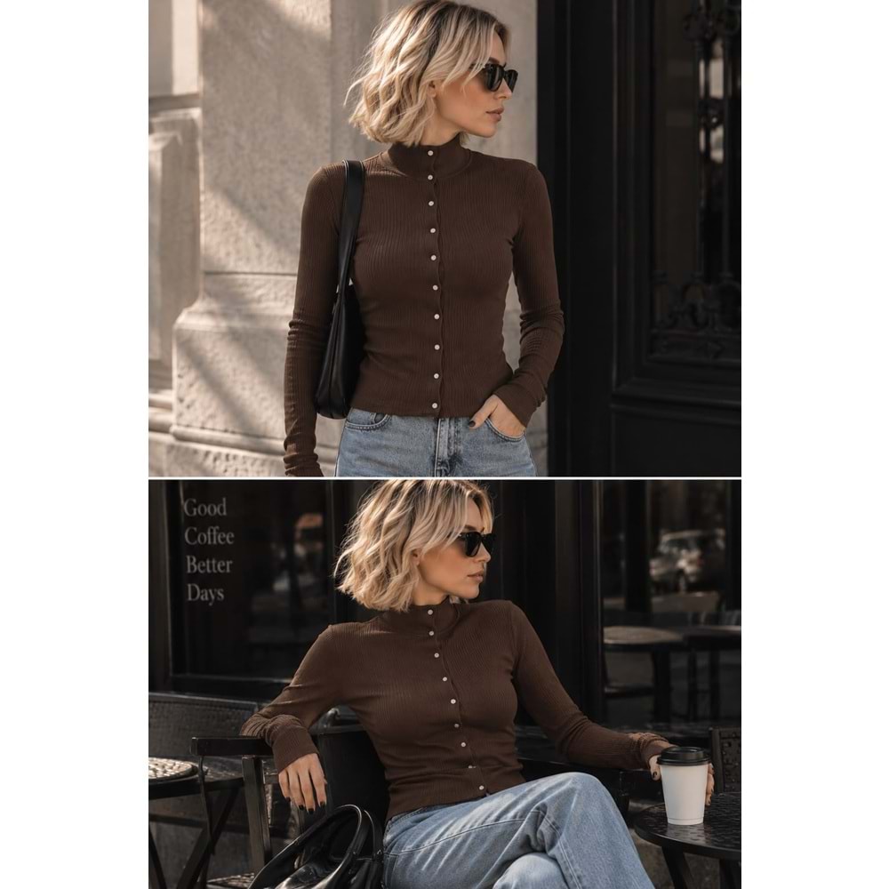 Çıtçıt Kapamalı Boğazlı Kaşkorse Bluz - KAHVERENGİ - S - ST00637-KAHVERENGİ-S