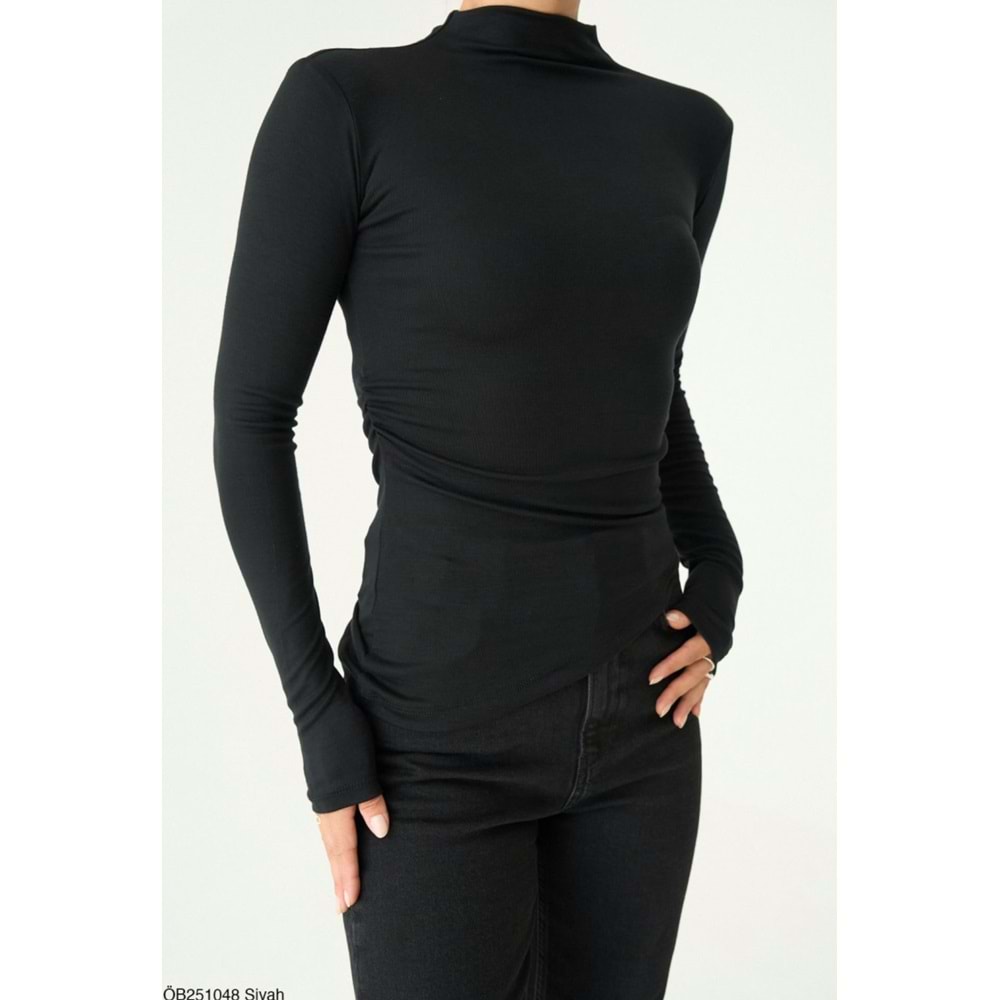 Hafif Balıkçı Yaka Yan Büzgülü Uzun Kol Tasarım Bluz