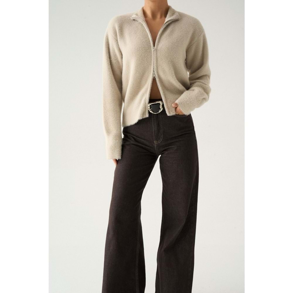 Çift Yön Fermuar Açma Detaylı Tüylü Hırka Taş Renk