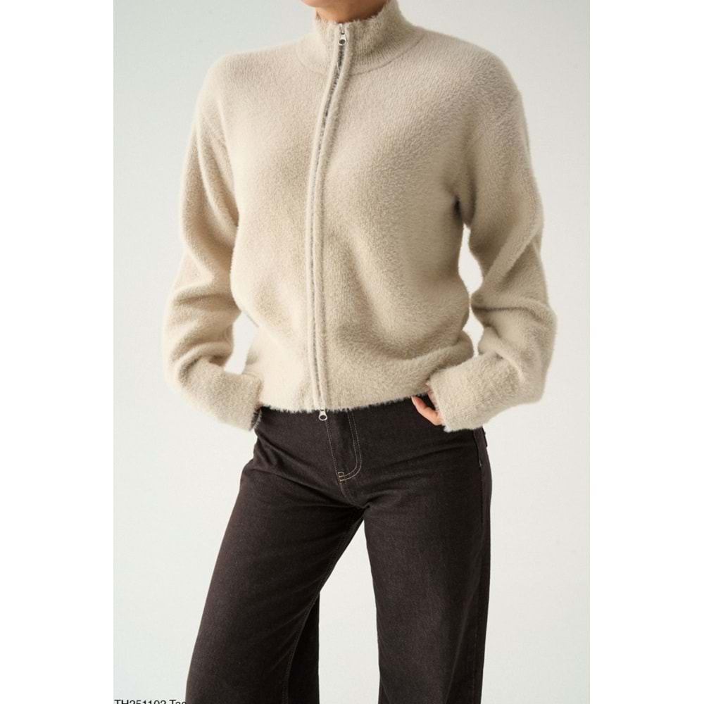 Çift Yön Fermuar Açma Detaylı Tüylü Hırka Taş Renk