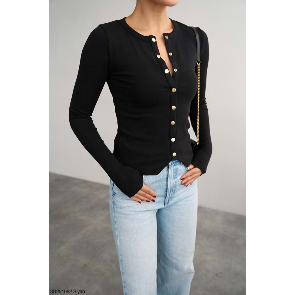 Uzun Kollu Çıtçıt Kapamalı Bluz Gold Detay - SİYAH - L - ST00640-SİYAH-L