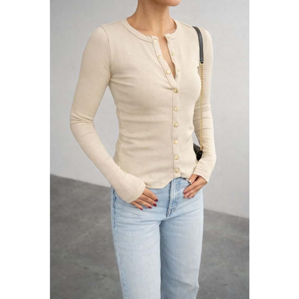 Uzun Kollu Çıtçıt Kapamalı Bluz Gold Detay Krem Renl - KREM - L - ST00641-KREM-L