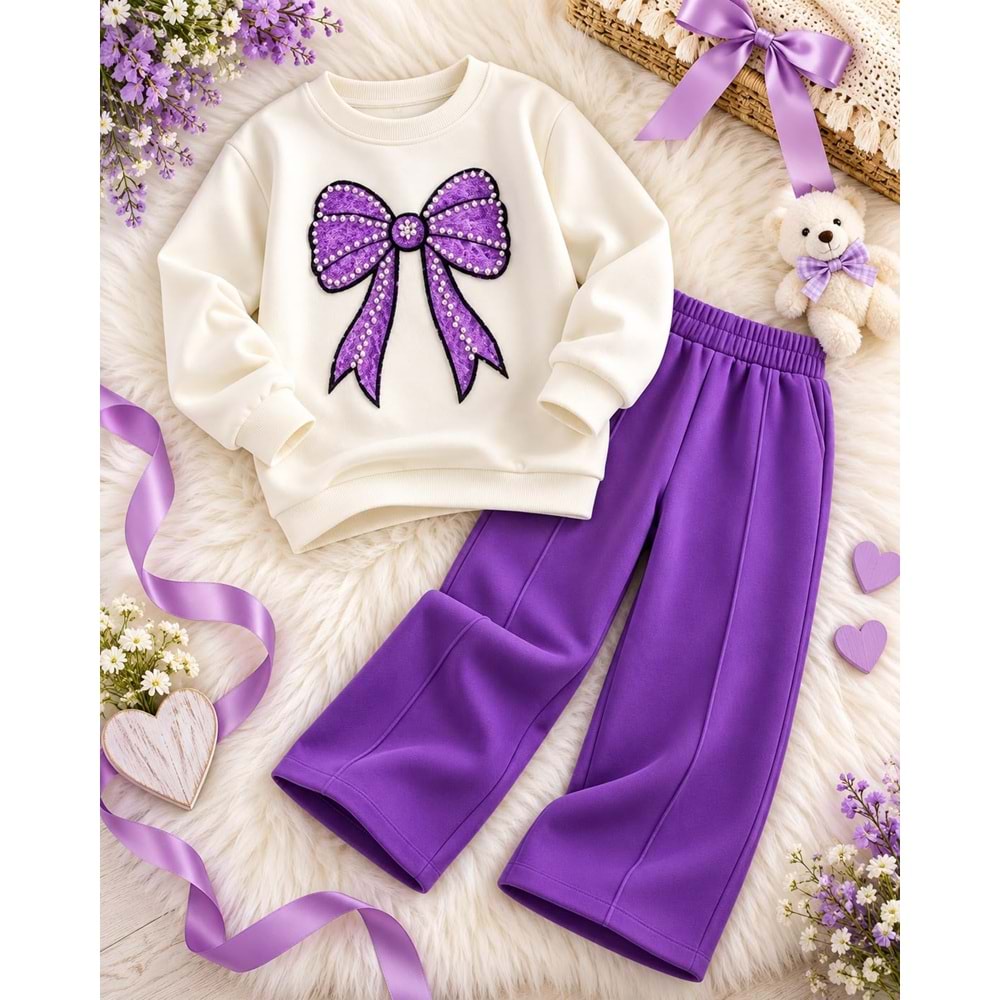 Kız Çocuk Ekru Mor Renk Fiyonk İnci Detaylı Sweatshirt Eşofman 2li Alt Üst Takım