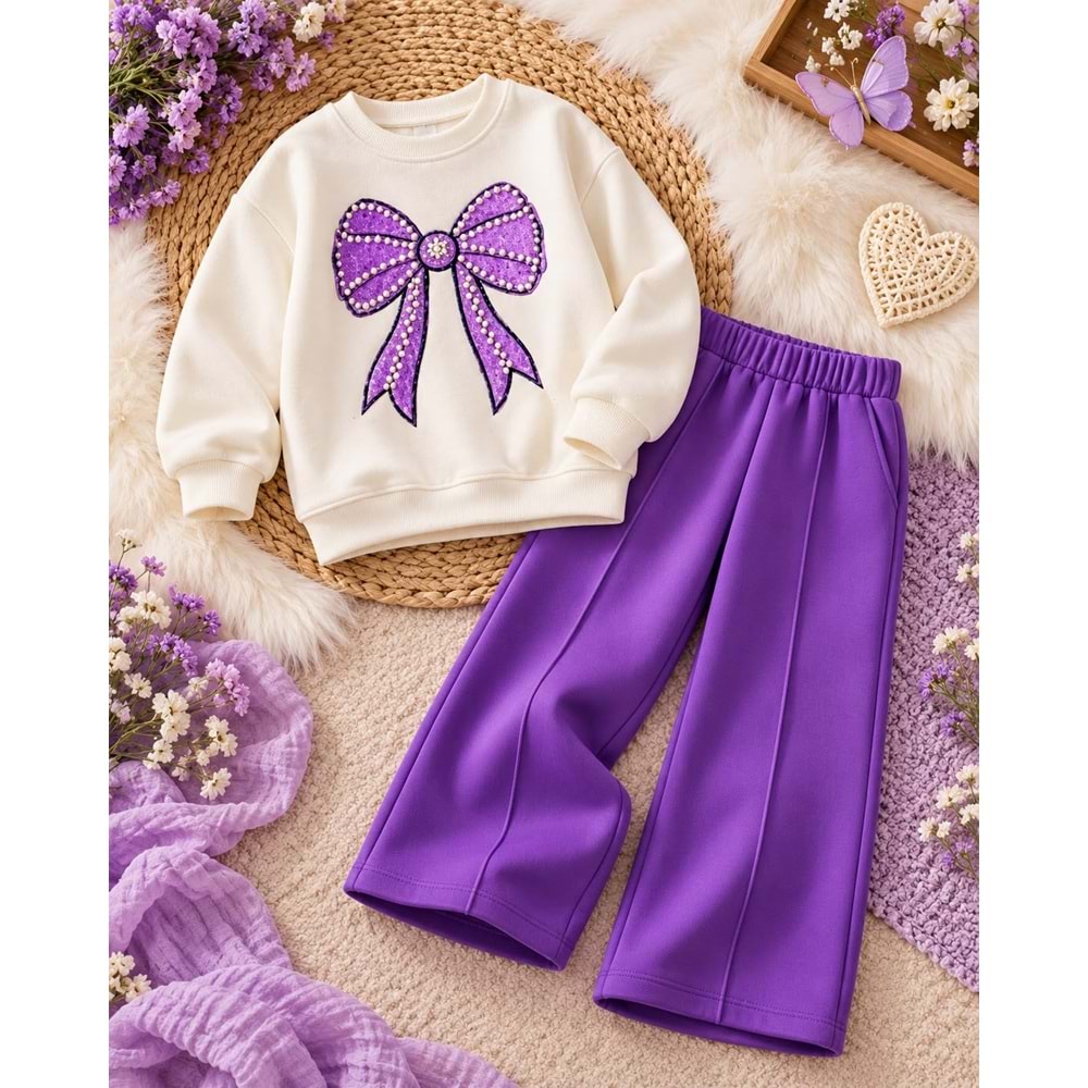 Kız Çocuk Ekru Mor Renk Fiyonk İnci Detaylı Sweatshirt Eşofman 2li Alt Üst Takım