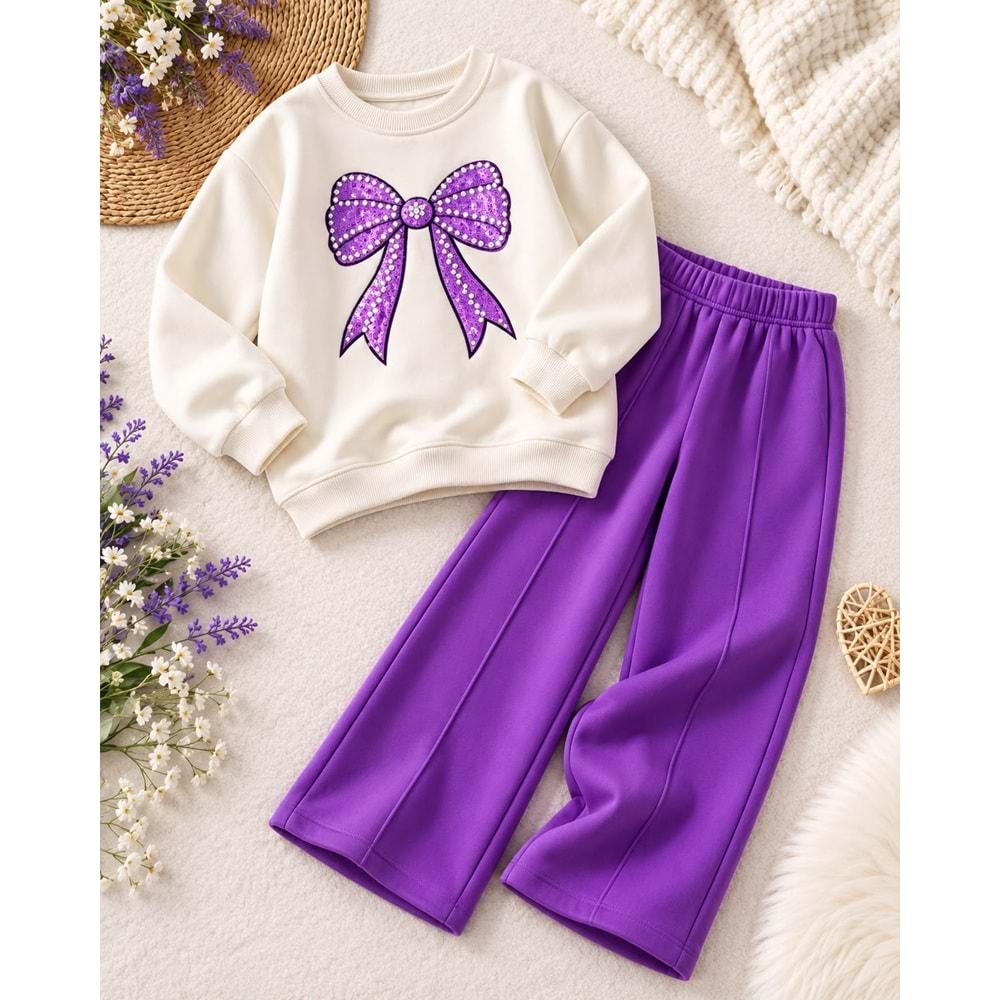Kız Çocuk Ekru Mor Renk Fiyonk İnci Detaylı Sweatshirt Eşofman 2li Alt Üst Takım