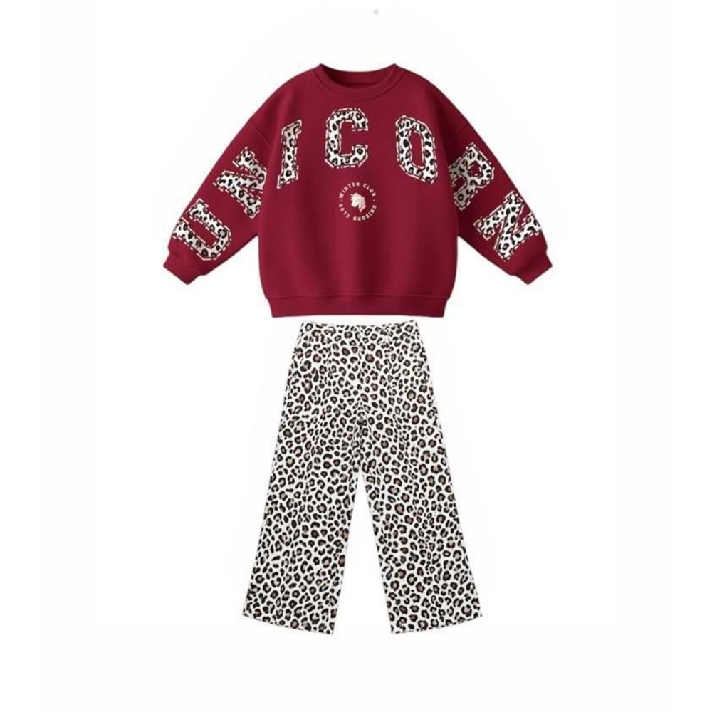 Kız Çocuk Bordo - Leopar Baskı Desen 3 İplik Alt Üst Takım