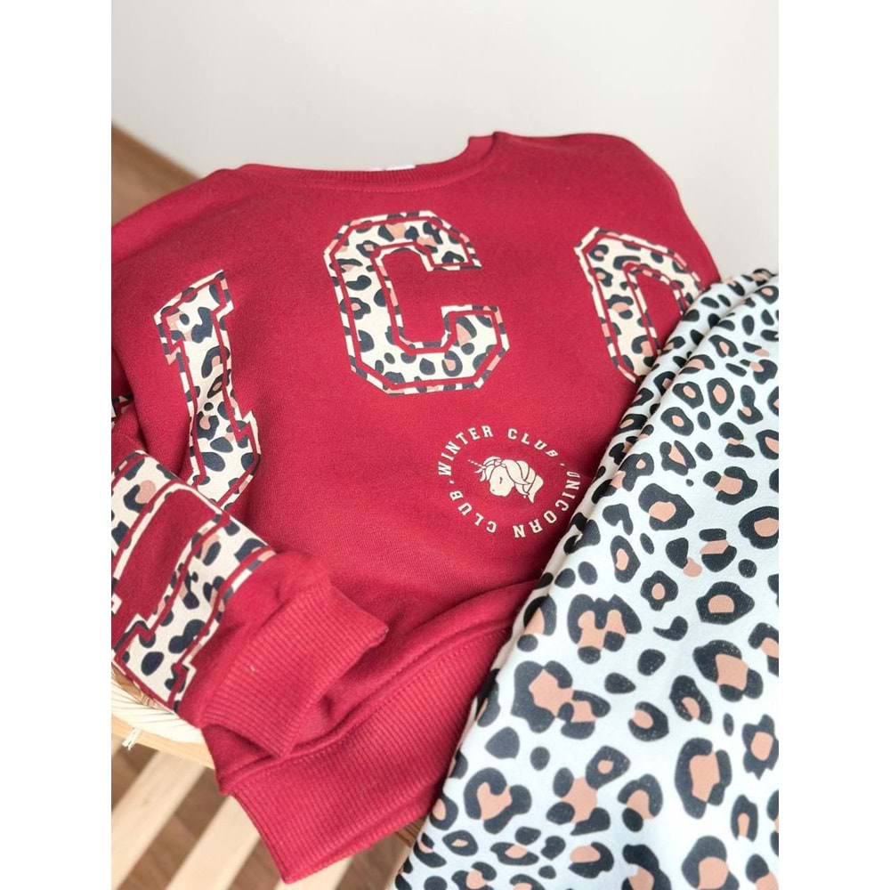 Kız Çocuk Bordo - Leopar Baskı Desen 3 İplik Alt Üst Takım