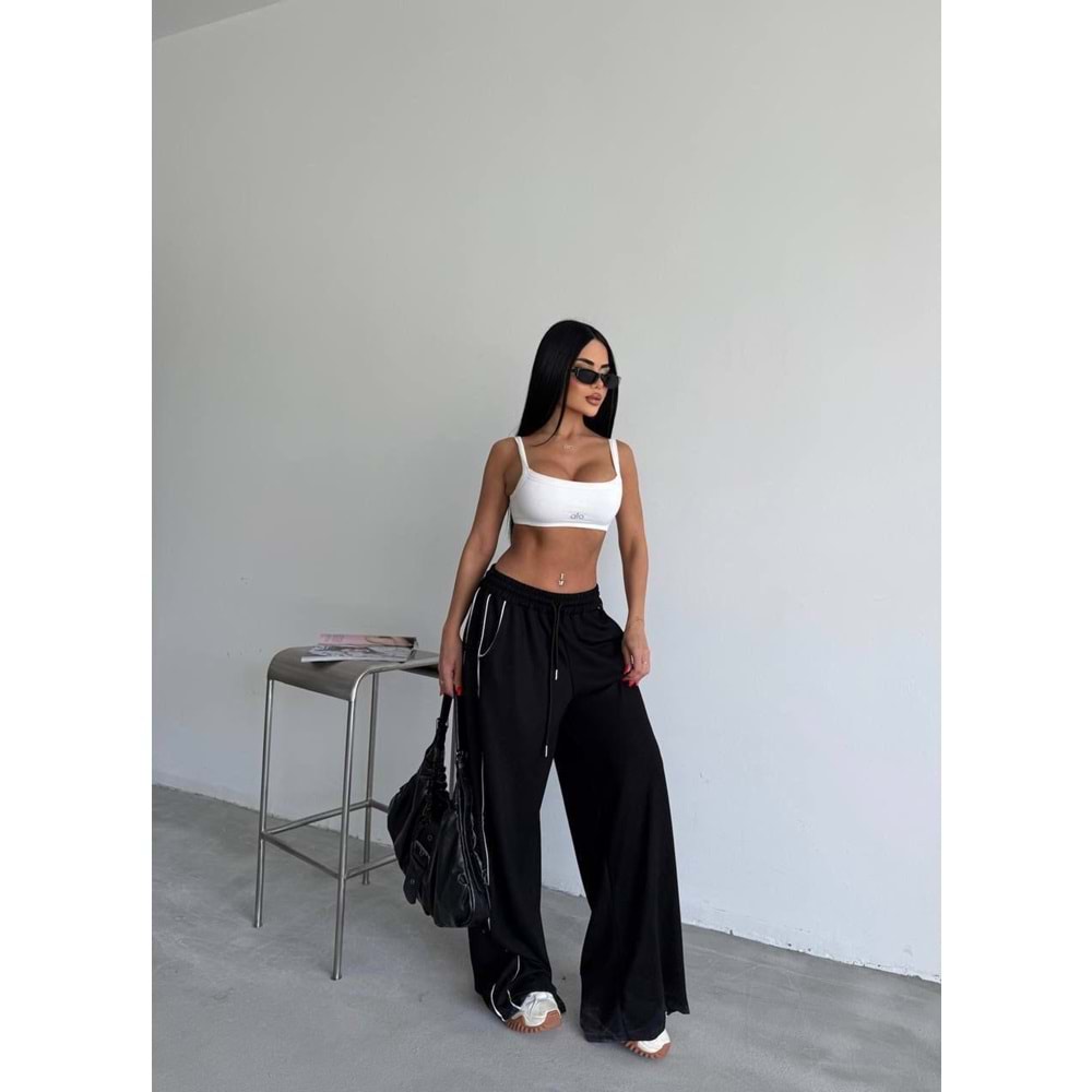 Siyah Renk Beyaz Şerit Biyeli Oversize Palazzo Pantolon - SİYAH - S - ST00659-13616