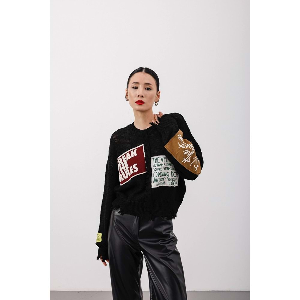 Tasarım Aplike Detaylı Slogan Yazılı Kazak