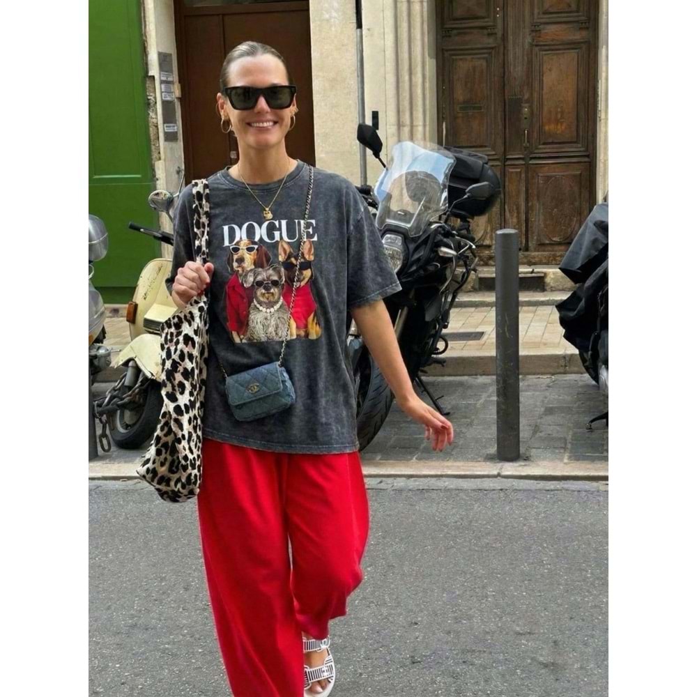 Yıkamalı Antrasit Renk Dogue! Baskılı T-Shirt Standart Beden