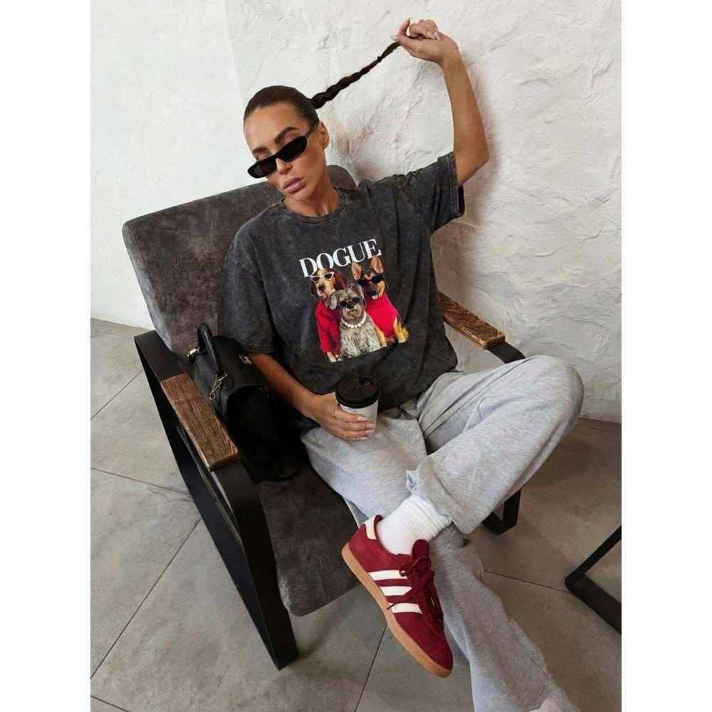 Yıkamalı Antrasit Renk Dogue! Baskılı T-Shirt Standart Beden