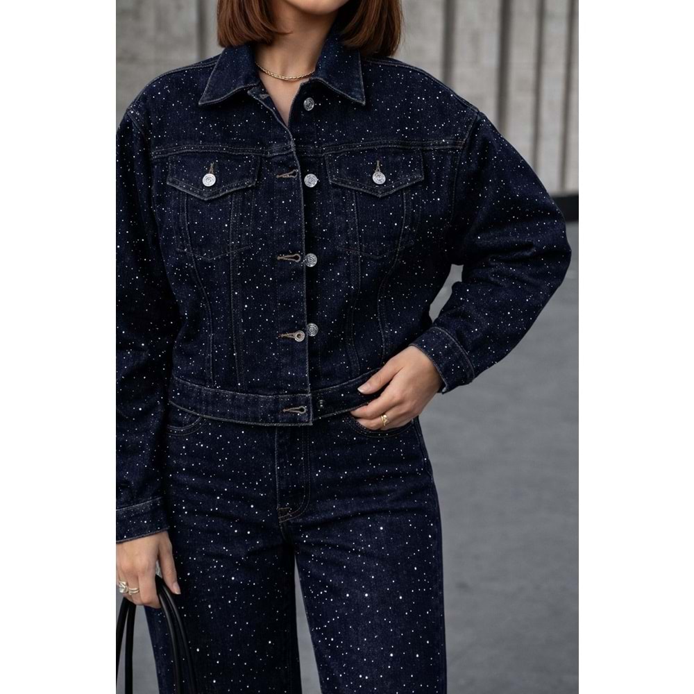 Taşlı Parıltı Detaylı Party! Tasarım Kot Ceket - LACİVERT - L - ST00676-LACİVERT-L