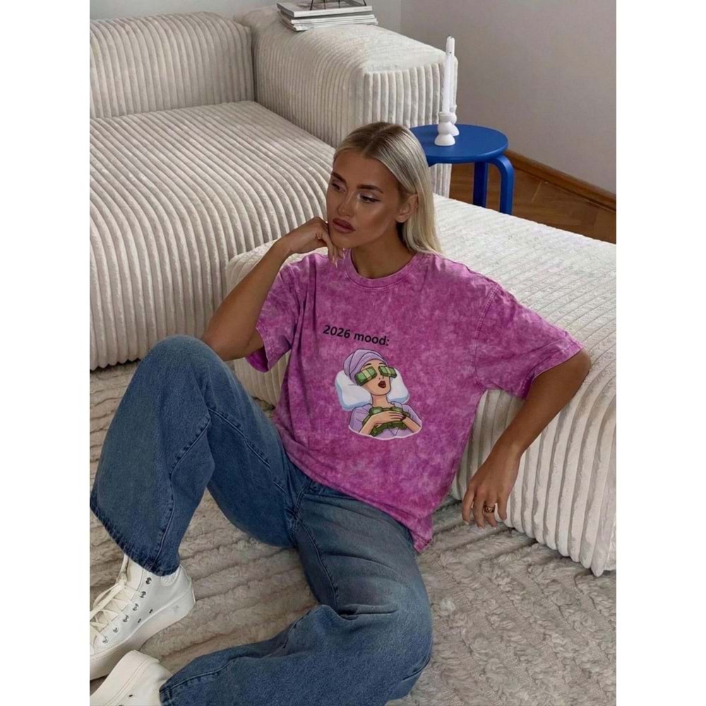 2026 Mood Manifest Tasarım Yıkamalı Pembe T-Shirt