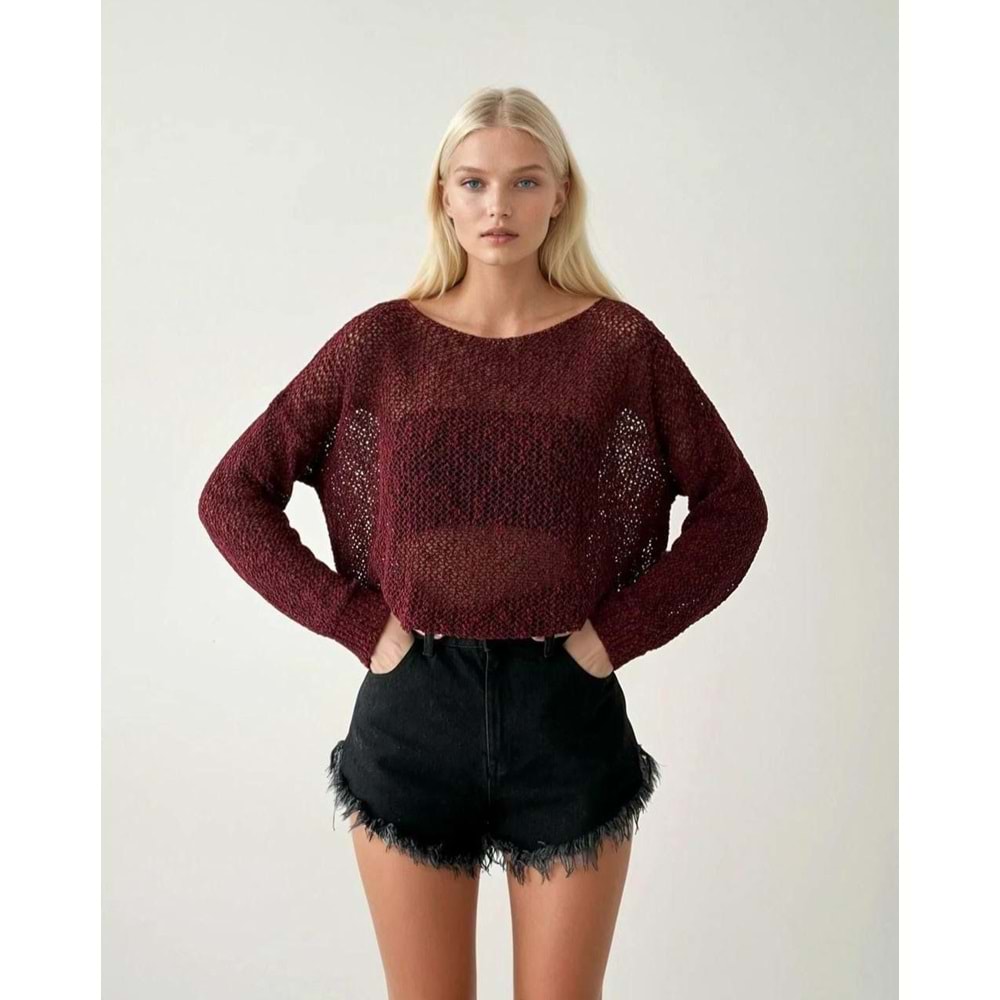 Ajur Örgü Mevsimlik Triko Kazak Düşük Omuz - BORDO