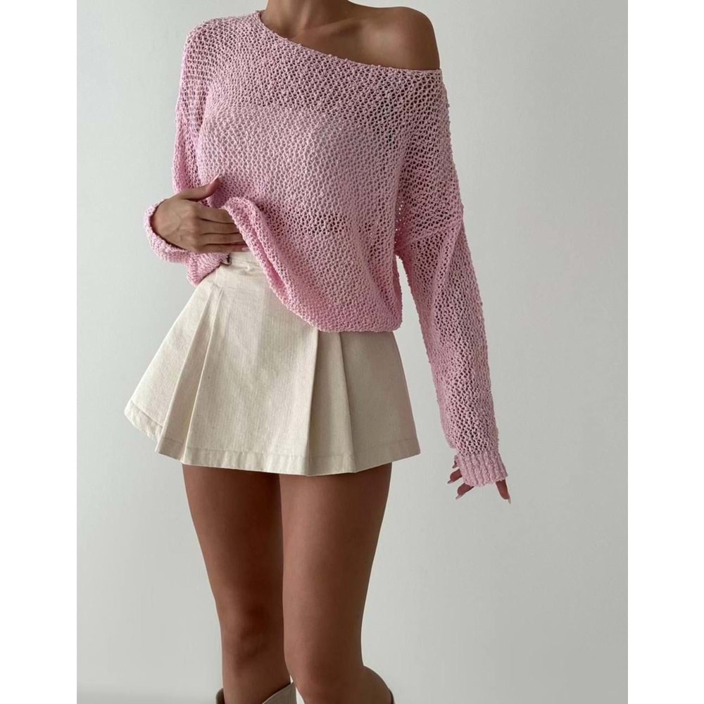 Ajur Örgü Mevsimlik Triko Kazak Düşük Omuz - PEMBE