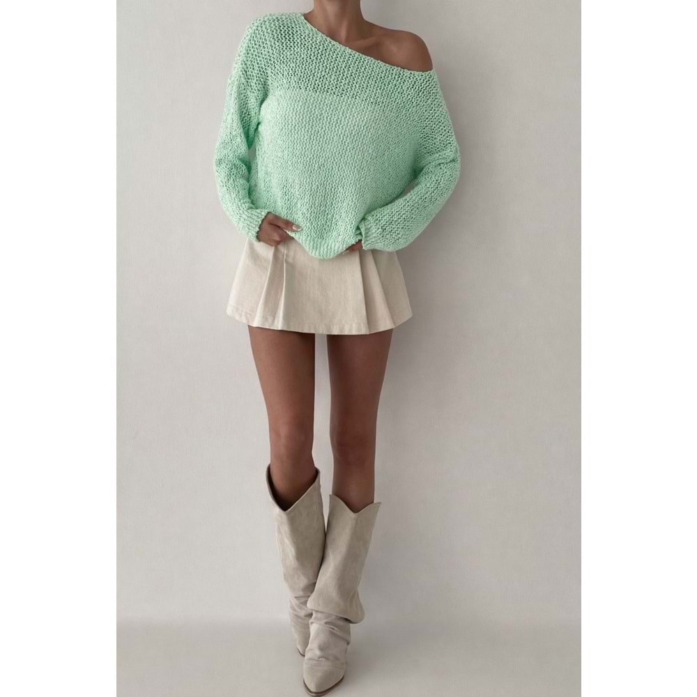 Ajur Örgü Mevsimlik Triko Kazak Düşük Omuz - YEŞİL