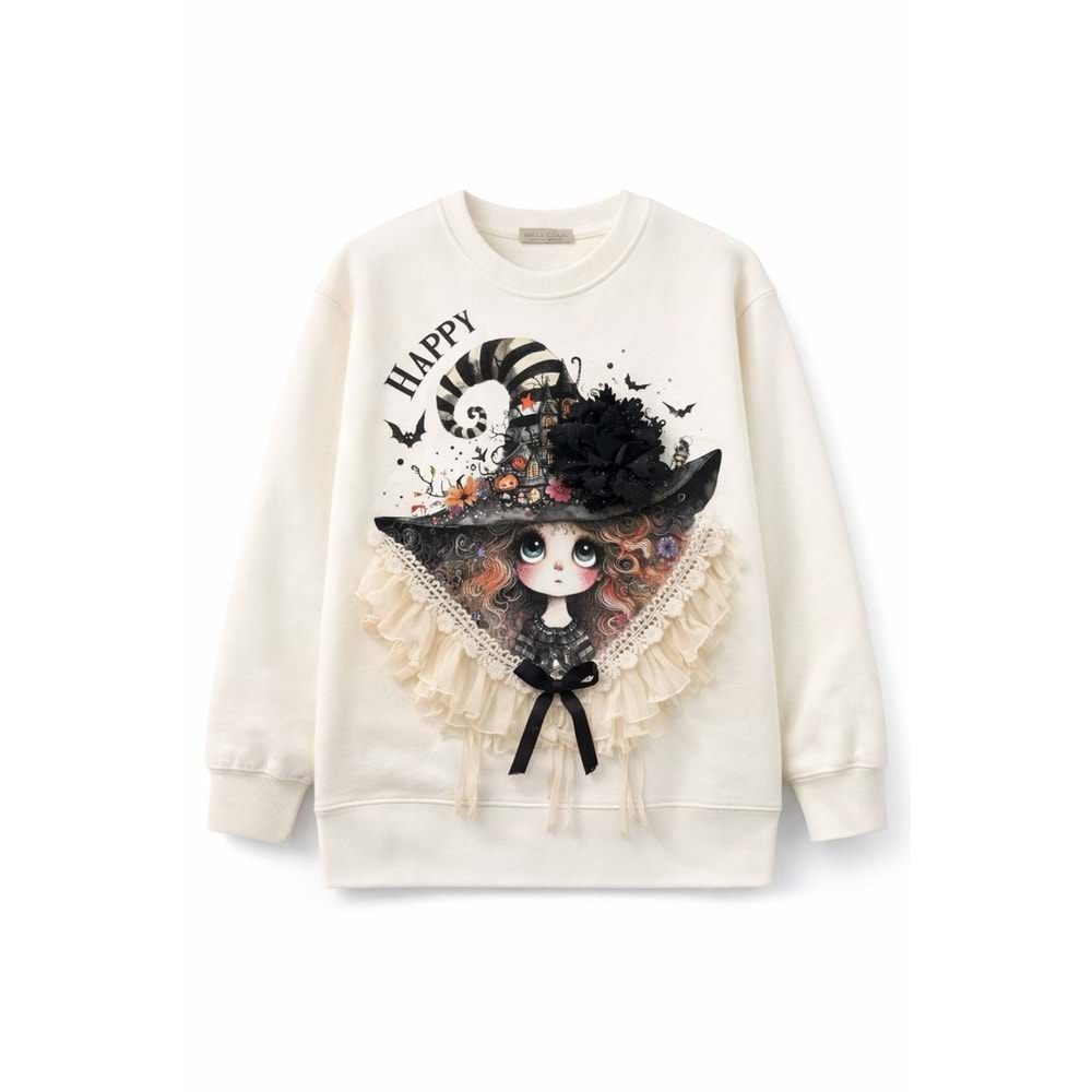 Kız Çocuk 3D Aplikeli Baskılı Sweatshirt - EKRU - 10 YAŞ