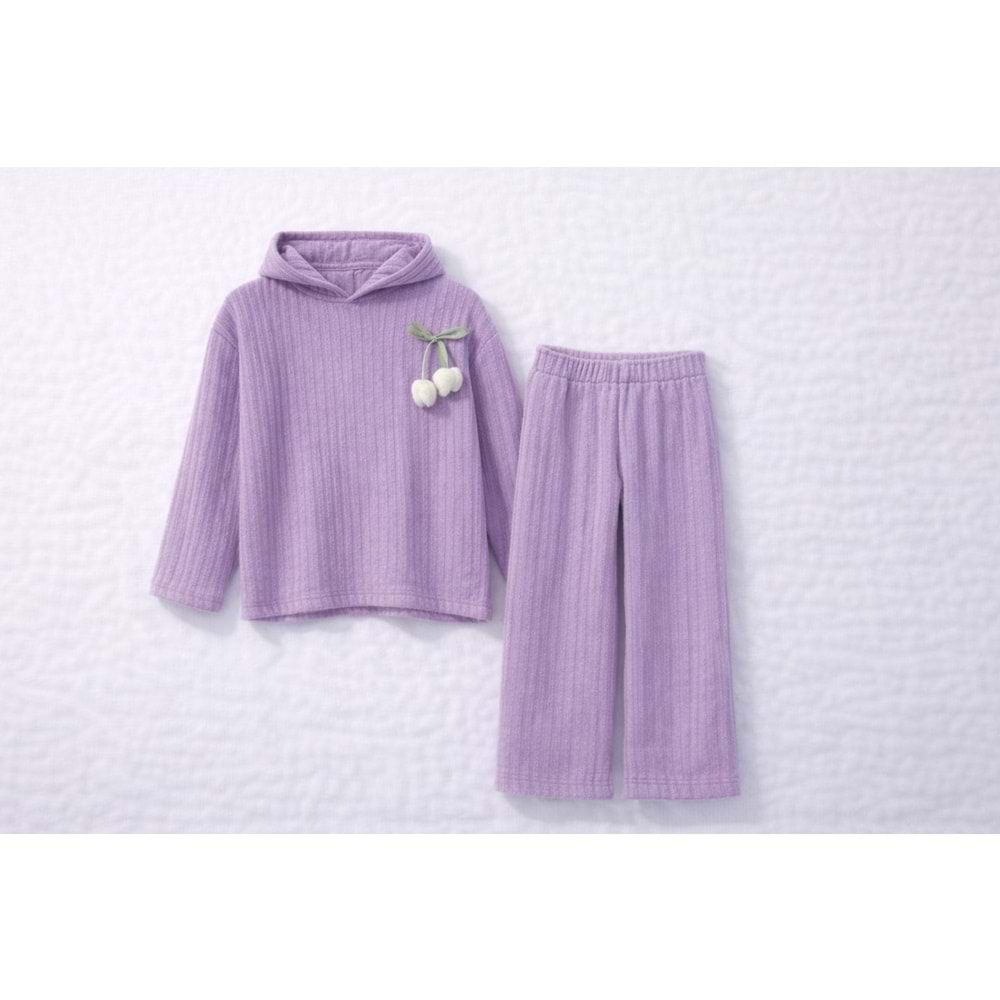 Lila Renk Çiçek Aplikeli Örme Triko Alt Üst Takım - MOR - 7 YAŞ
