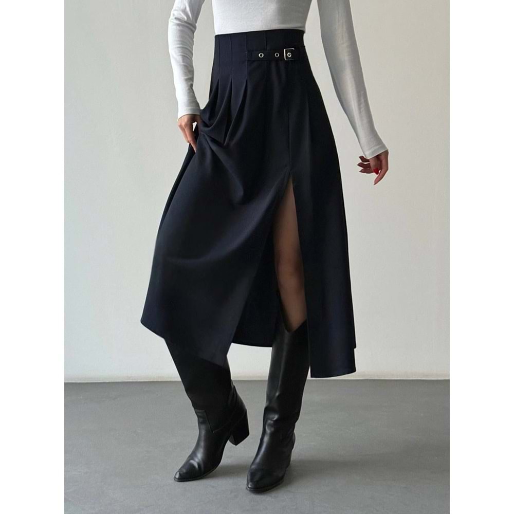 Kadın Giyim Yüksek Bel Toka Kemerli Pilise Yırtmaç Detay Etek - SİYAH - L