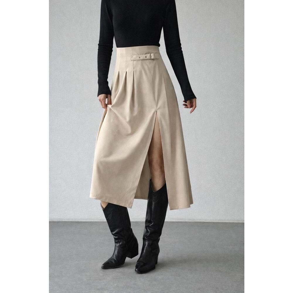 Kadın Giyim Yüksek Bel Toka Kemerli Pilise Yırtmaç Detay Etek - TAŞ - L