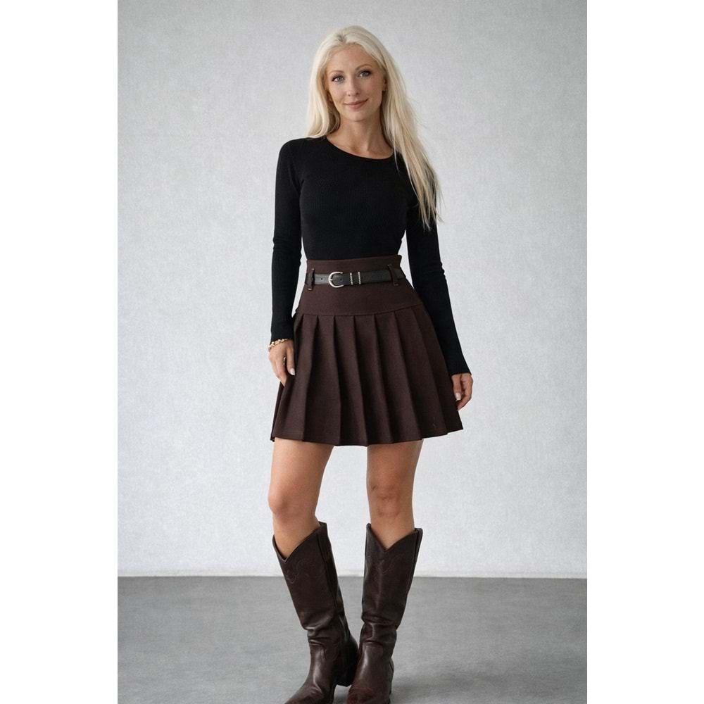 Kemerli Piliseli Mini Etek Kahverengi Premium Duruş - KAHVERENGİ - L