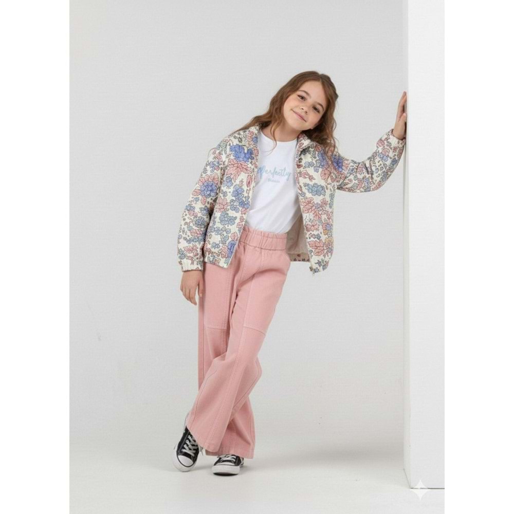 Kız Çocuk Çiçekli Dokuma Ceketli 3 Parça Alt Üst Takım - 3-4 YAŞ