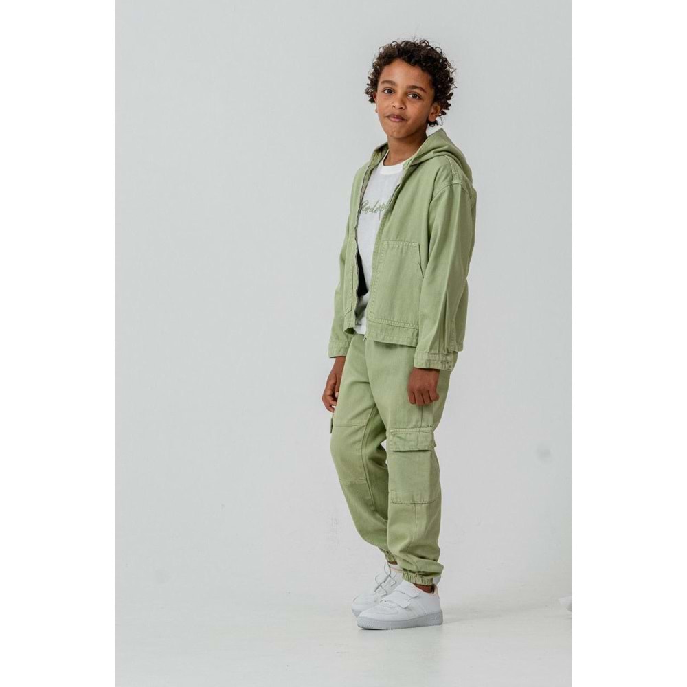 Erkek Çocuk Yeşil Renk Kargo Cepli Dokuma 3 Parçalı Pantolon Ceket Takım - 3-4 YAŞ