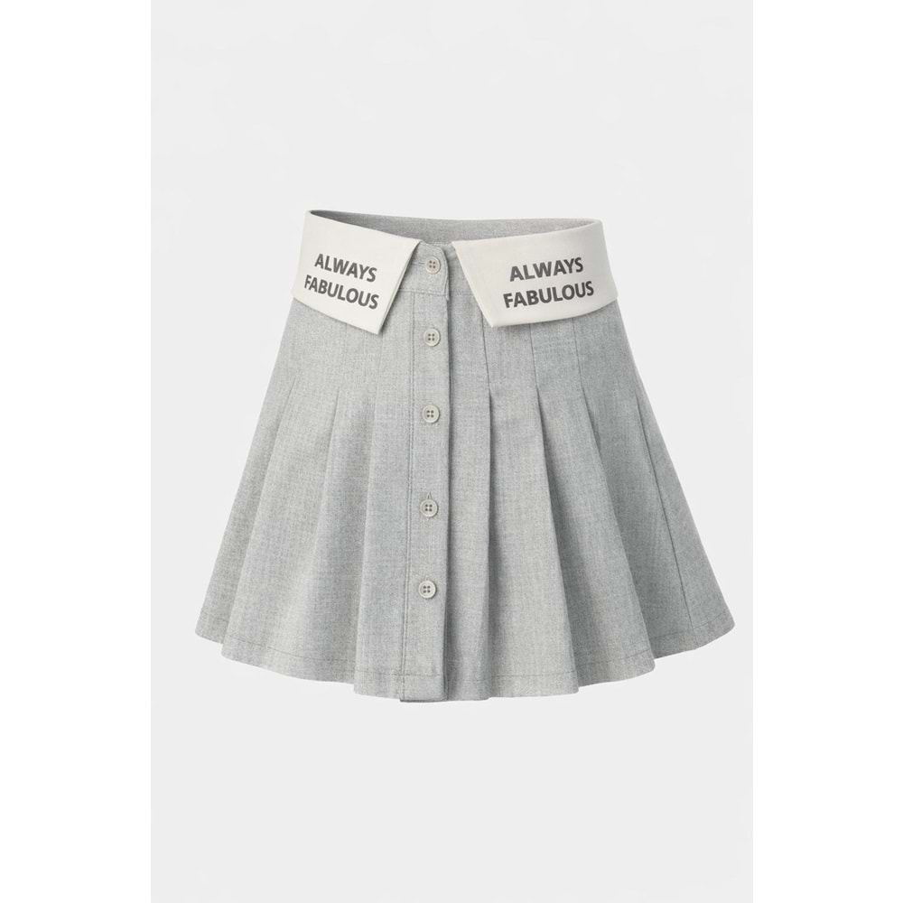 Kız Çocuk Bel Katlama Slogan Detaylı Düğmeli Gri Renk Etek - 3-4 YAŞ