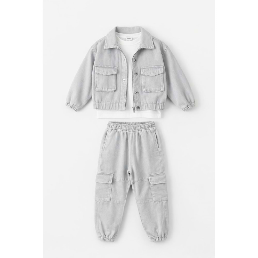 Erkek Çocuk Körük Cepli Kot Denim Alt Üst Takım 3 Parçalı Set - 3-4 YAŞ