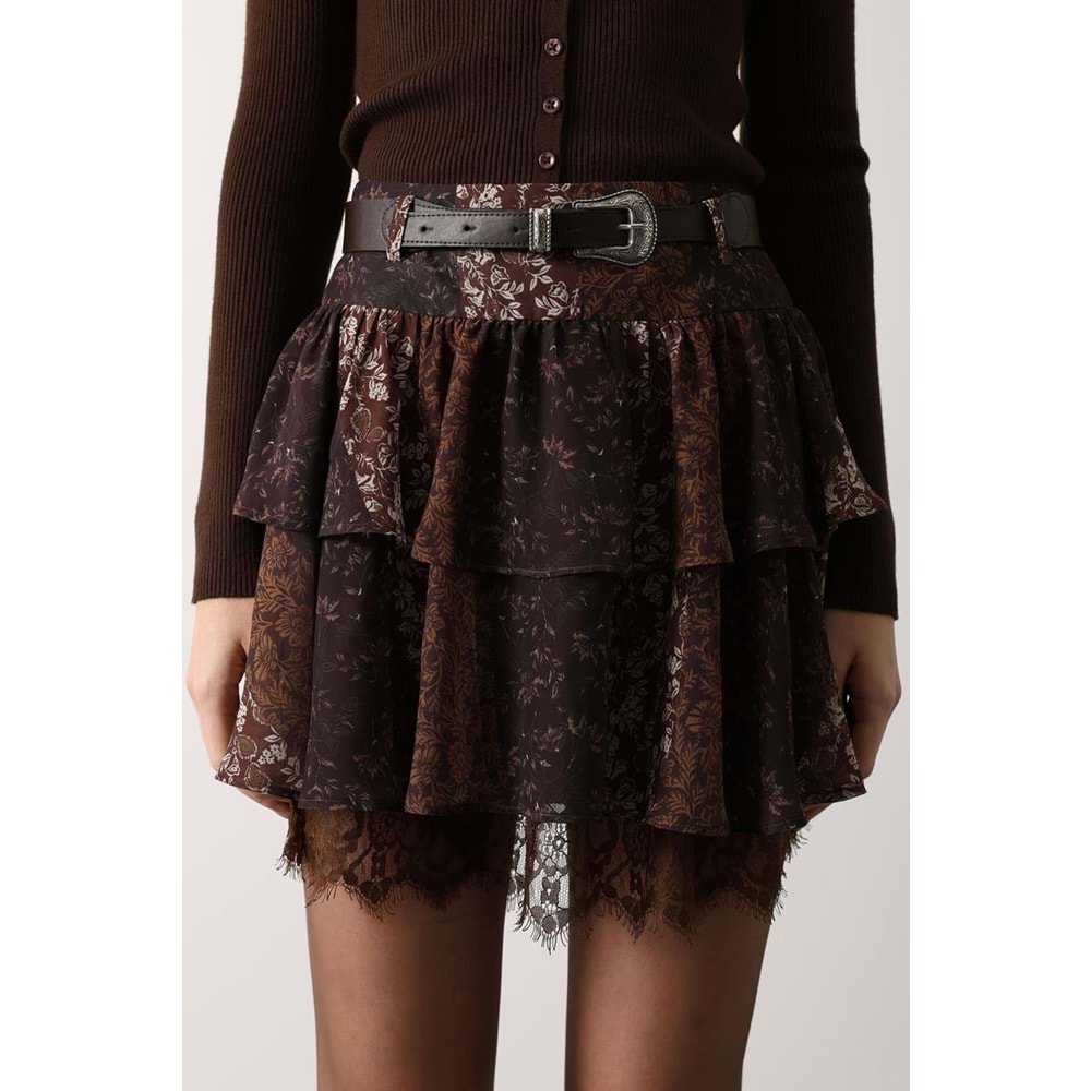 Dantel Detaylı Kat Kat Gümüş Toka Kemerli Mini Etek -Kahve - L