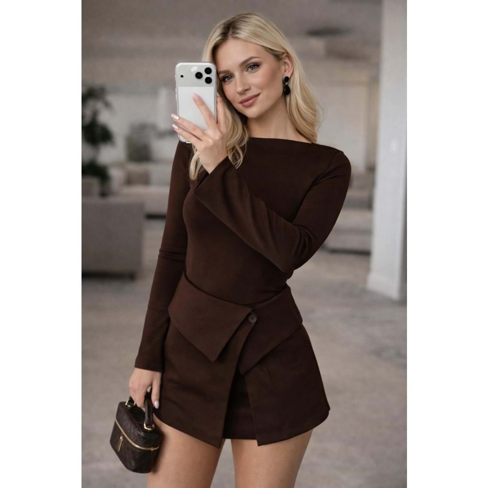 KahveRengi Parça Detay Süper Mini Elbise - L