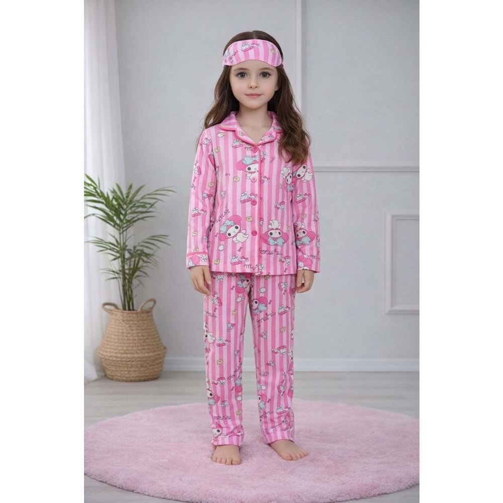 Kız Çocuk Pembe Renk Desenli - Çizgili Pijama Takımı - PEMBE - 11-12 YAŞ