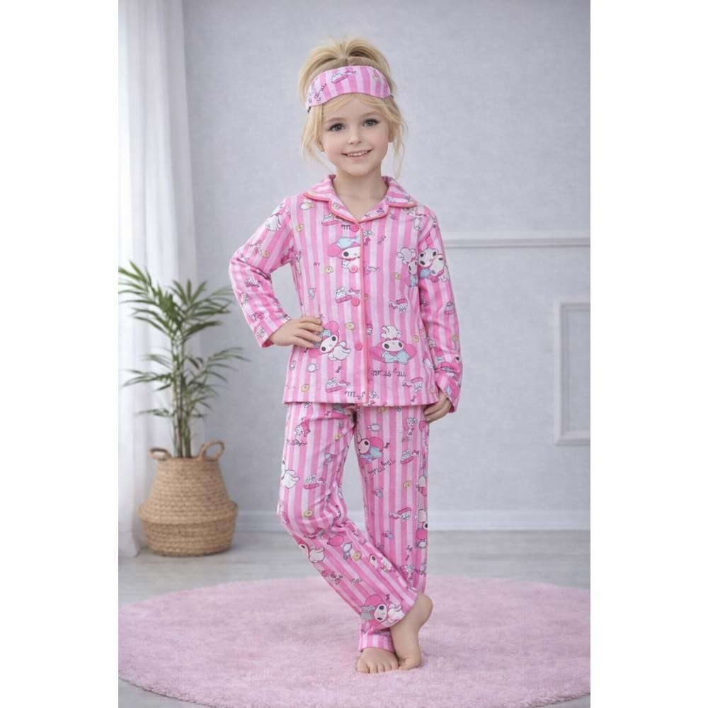 Kız Çocuk Pembe Renk Desenli - Çizgili Pijama Takım - PEMBE - 11-12 YAŞ