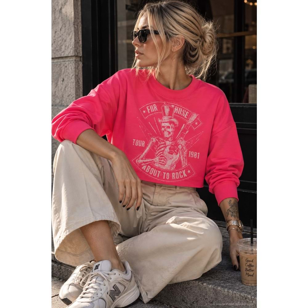 Yıkamalı Pembe KuruKafa Baskılı Taş Detaylı Sweatshirt - PEMBE - STANDART