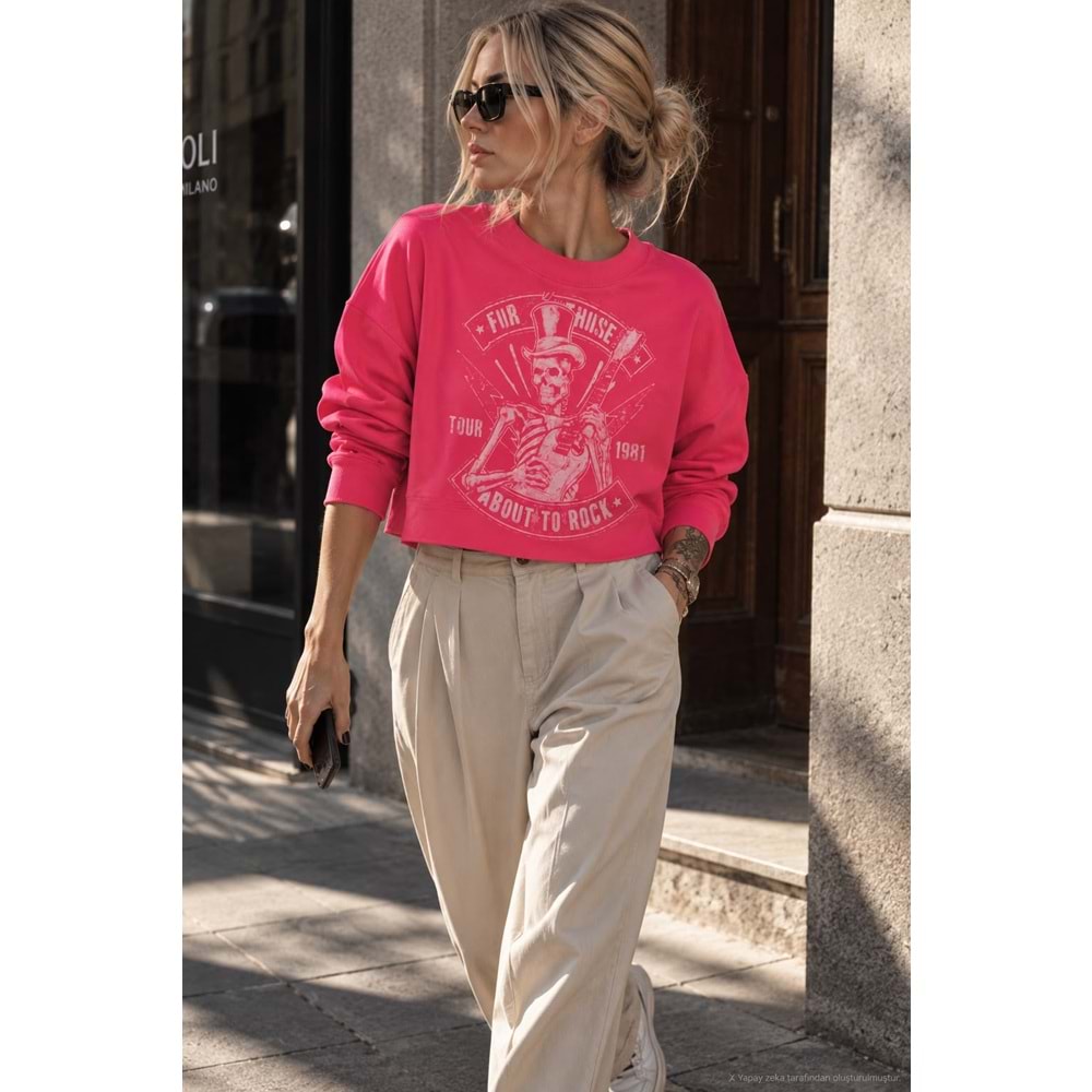 Yıkamalı Pembe KuruKafa Baskılı Taş Detaylı Sweatshirt - PEMBE - STANDART