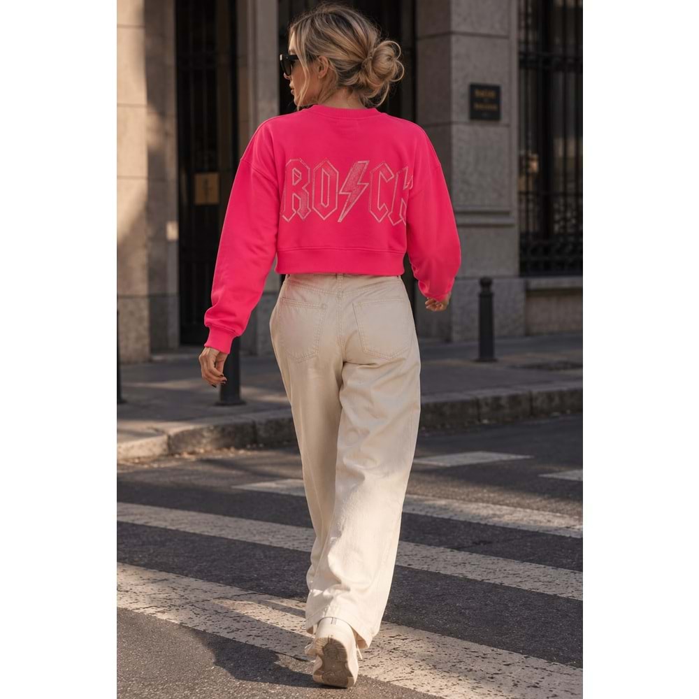 Yıkamalı Pembe KuruKafa Baskılı Taş Detaylı Sweatshirt - PEMBE - STANDART