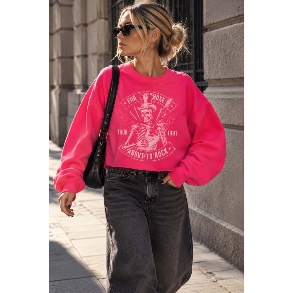 Yıkamalı Pembe KuruKafa Baskılı Taş Detaylı Sweatshirt - PEMBE - STANDART