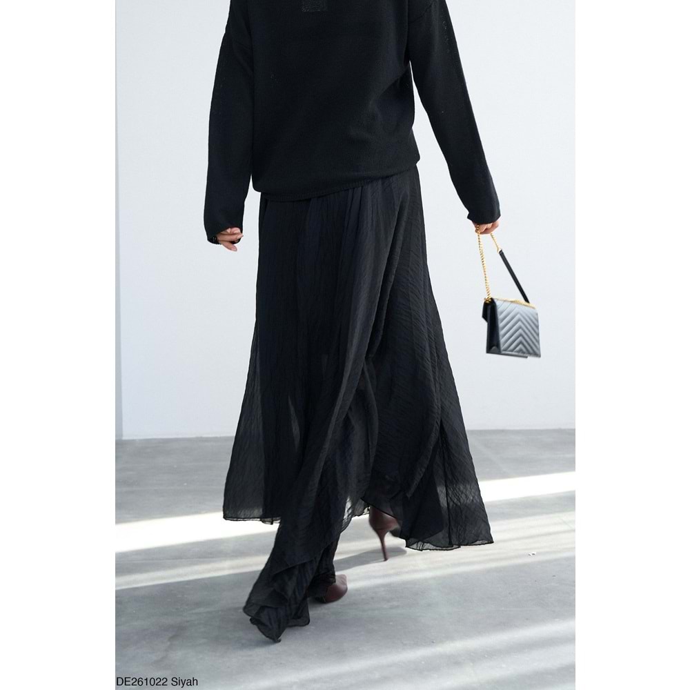 Yeni Sezon Asimetrik Kesim Siyah Etek - Uzun -Krep Kumaş