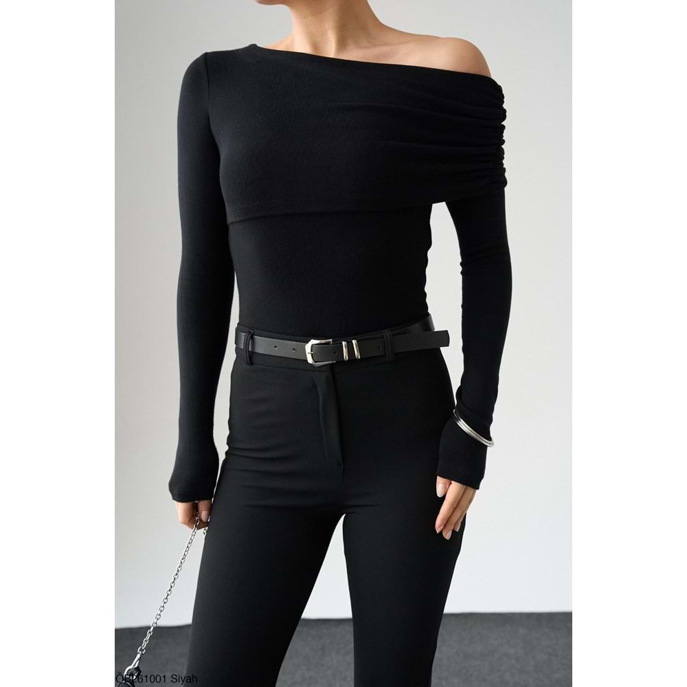 Yeni Sezon Madonna Döküm Yaka Tek Omuz Viskon Body - Bluz - SİYAH - L