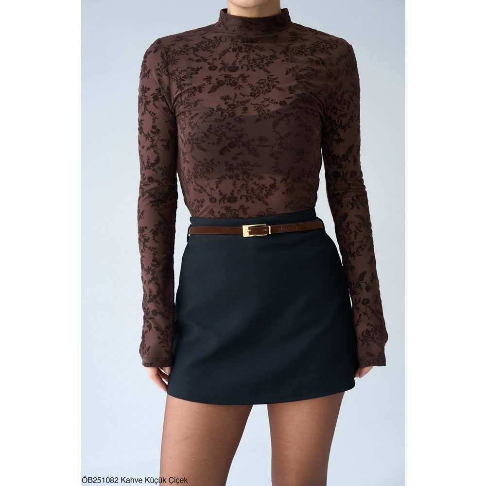 Yeni Sezon Transparan Mini Çiçek Desenli Bluz - KAHVERENGİ - L