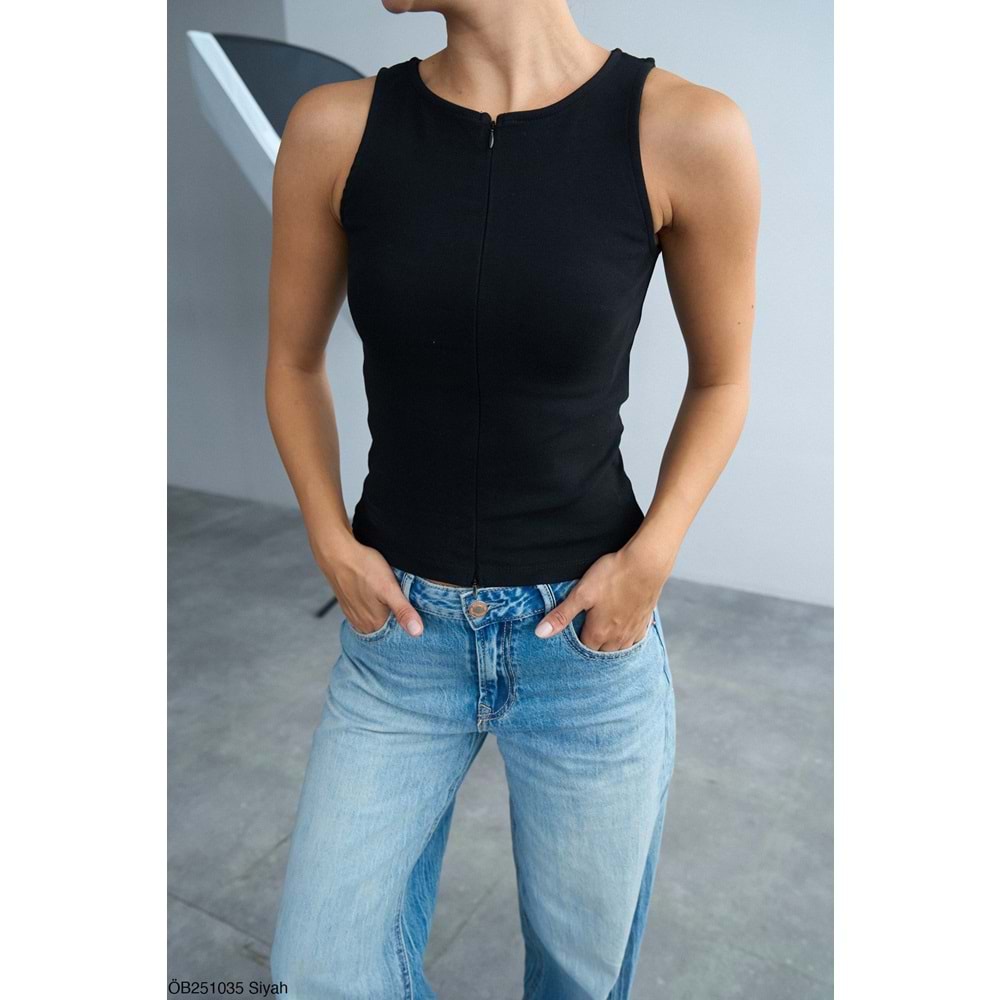 Siyah Renk Çift Yön Fermuarlı Kolsuz Tasarım Body - Bluz - SİYAH - L