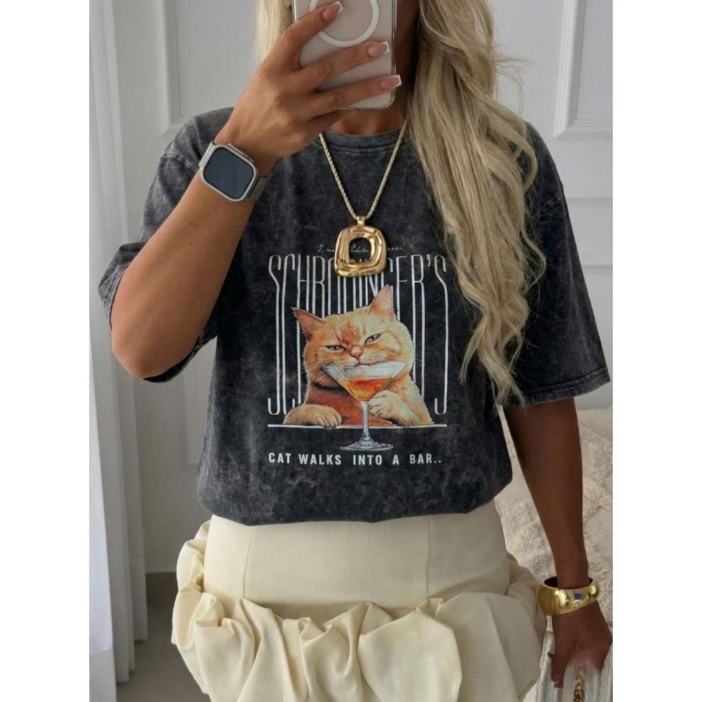 Cat Walks Kedi Baskılıo Yıkamalı Oversize T-Shirt