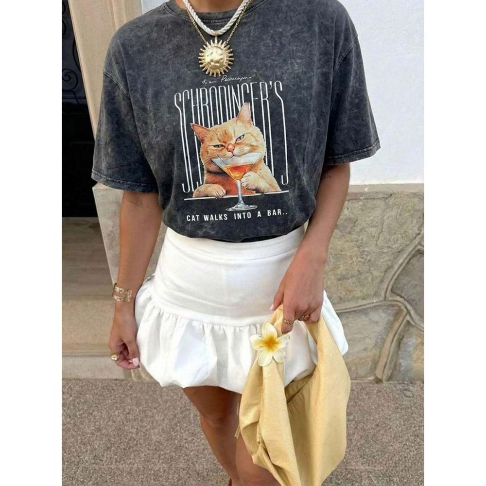 Cat Walks Kedi Baskılıo Yıkamalı Oversize T-Shirt