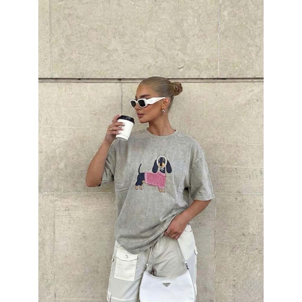 Yıkamalı Taş Renk Sevimli Sosis Köpek Tasarım Oversize T-Shirty