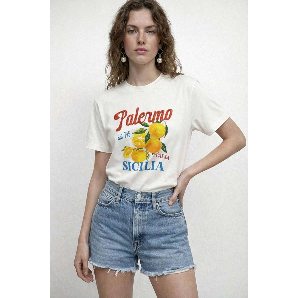 Yeni Sezon Nakış Yazı Detaylı Meyve Baskı T-Shirt - - BEYAZ - L