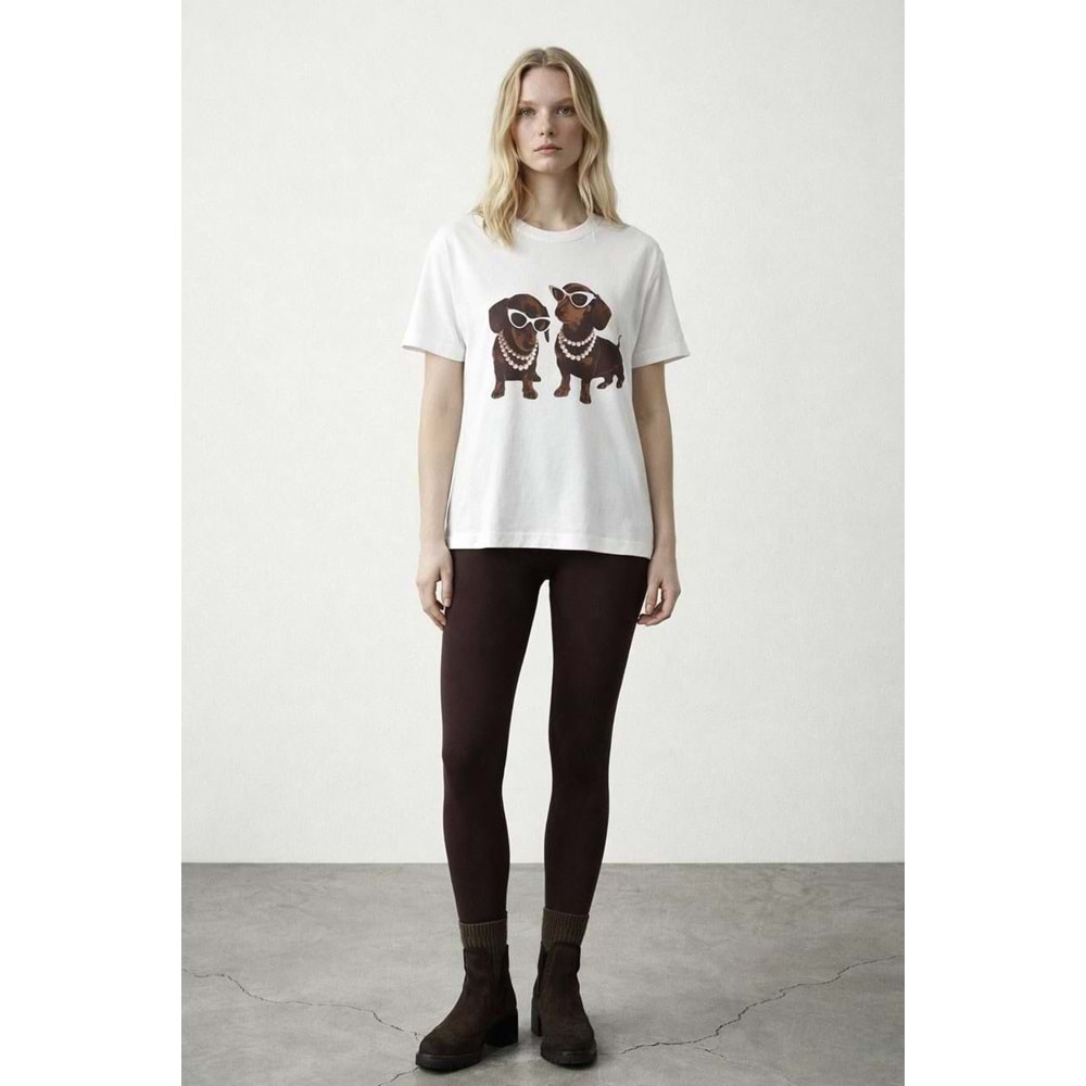 Yeni Sezon Vanilya Renk Lovely Puppies Baskılı Premium T-Shirt - TAŞ - S