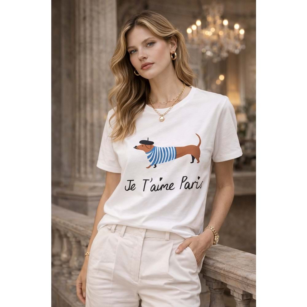 Je T’aime Paris Baskılı Premium Kadın T-Shirt – Fransız Stil Şık Basic - BEYAZ - L