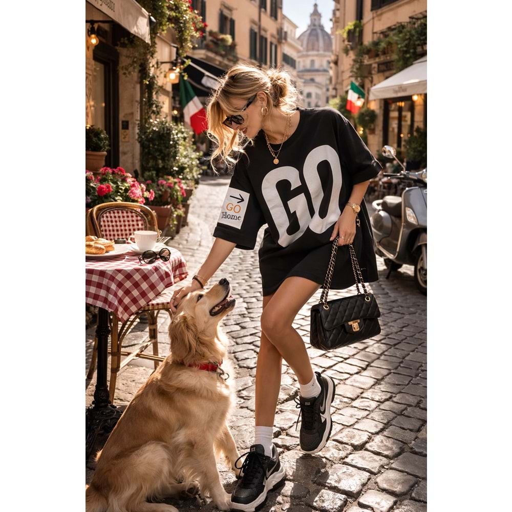 Yeni Sezon GO Yazılı Oversize Siyah T-Shirt Elbise |Pamuk Spor Şıklık
