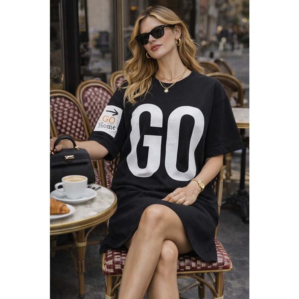 Yeni Sezon GO Yazılı Oversize Siyah T-Shirt Elbise |Pamuk Spor Şıklık
